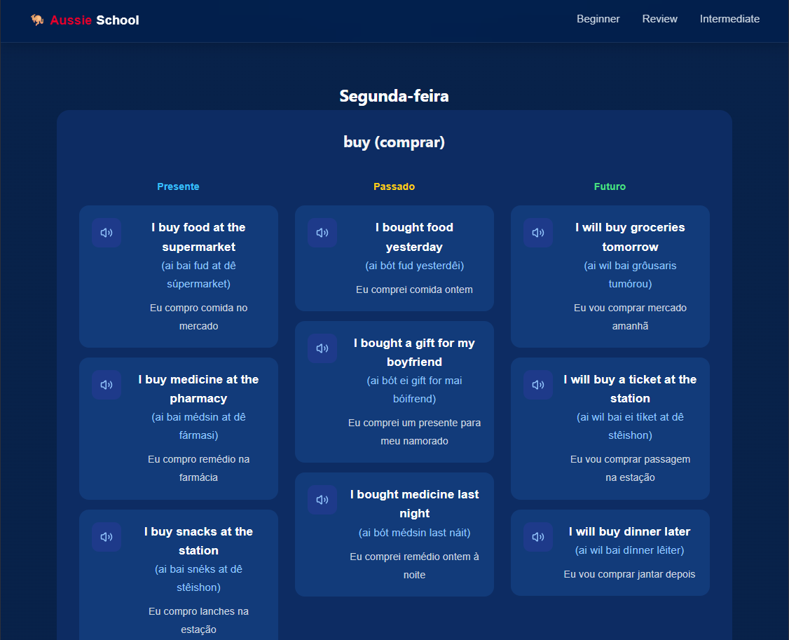 Aussie School — App de Inglês com Áudio Dinâmico (TTS)